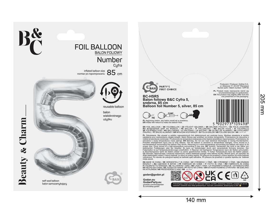 Balon foliowy B&C Cyfra 5, srebrna, 85 cm
